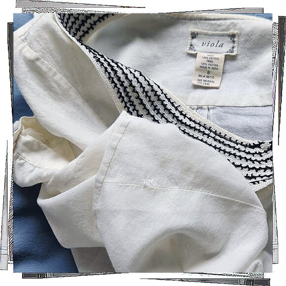 Sheer White Cotton Button Down w/ Black Viscose Embroidered Trim (4 US / UK 8) - Picture 4 of 4
